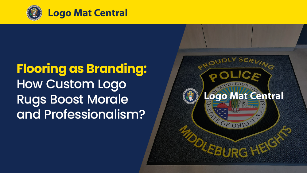 Branded police department entrance mat with department seal, emphasizing how custom rugs support professionalism and identity.