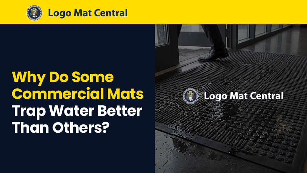 Commercial entrance mat with textured surface and dense fibers designed to trap and manage water