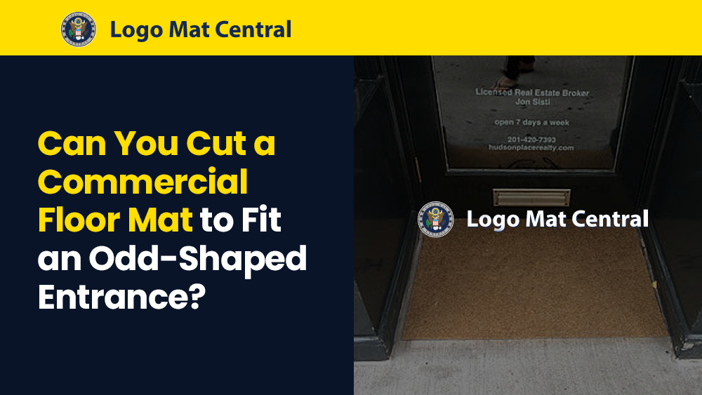 Commercial floor mat being measured and trimmed to fit an odd-shaped entrance