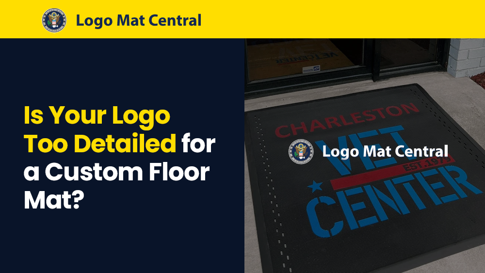 Detailed business logo being prepared for a custom floor mat with HD printing and hand-inlaid design options