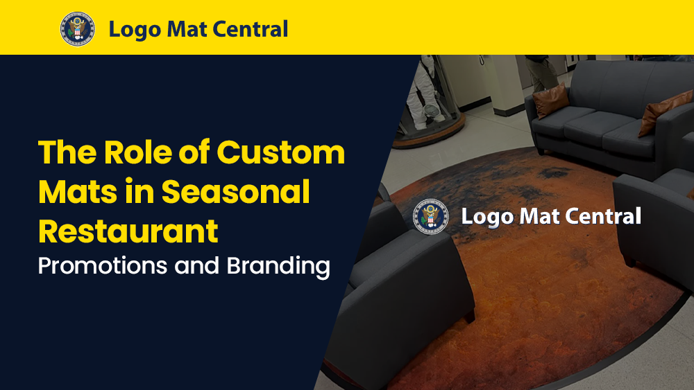 Custom restaurant floor mat featuring seasonal branding and promotional messaging at a restaurant entrance