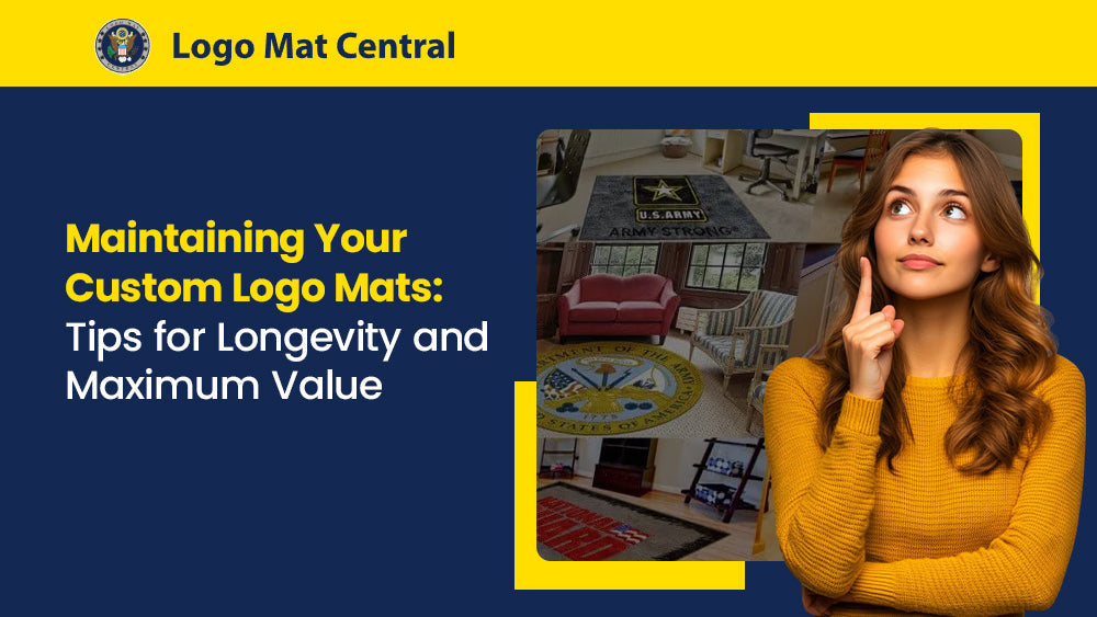 Visual comparison of different branded mats representing tips on cleaning, care, and long-term upkeep for custom logo mats.