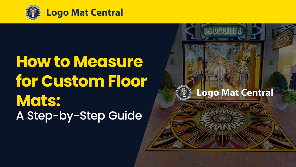 Person measuring custom floor mat dimensions with tape measure and paper template for accurate commercial floor mat fitting